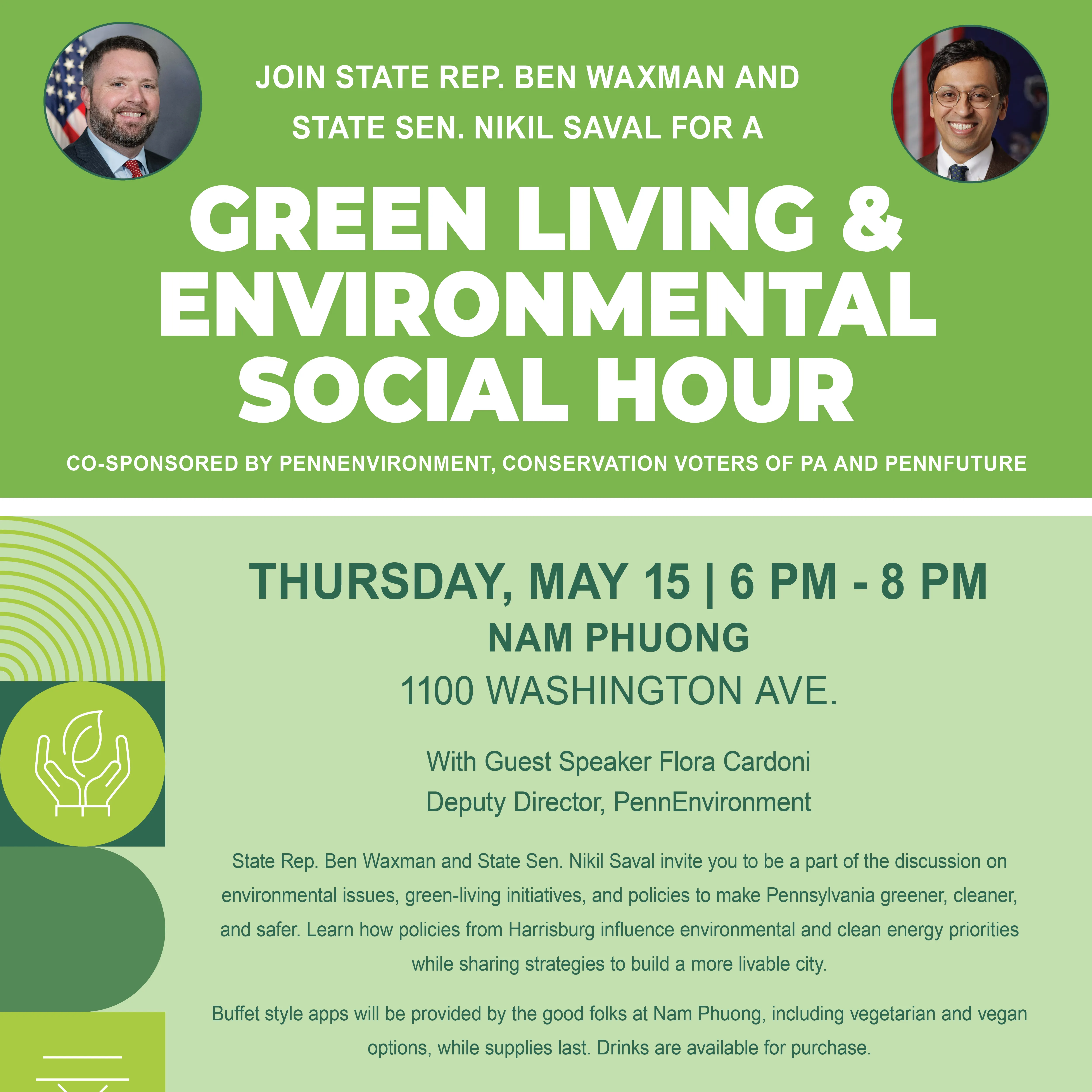 Flyer for Green Living &#x26; Environmental Social Hour at Nam Phuong (1100 Washington Ave.) on Thursday, May 15th from 6-8pm